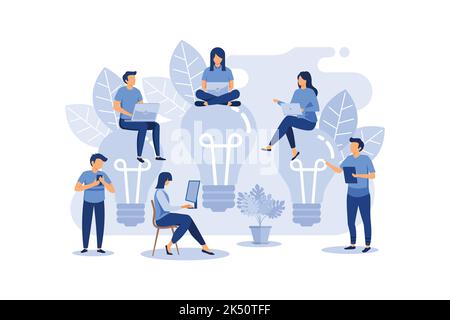 Geschäftsteam arbeitet zusammen, Brainstorming, diskutiert Ideen für ein Projekt. Leute treffen sich am Schreibtisch im Büro. Flache Vektorgrafik Stock Vektor