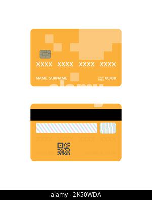 Bankkarte mit Vorder- und Rückseite ist auf weißem Hintergrund isoliert. Die Karte hat eine orangefarbene Farbe und einen QR-Code auf der Rückseite. Stock Vektor