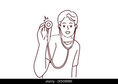 Lächelnder männlicher Arzt mit Stethoskop, bereit, den Patienten im Krankenhaus zu untersuchen. Glücklicher Mann Therapeut oder Hausarzt mit Phonendoskop. Vektorgrafik. Stock Vektor