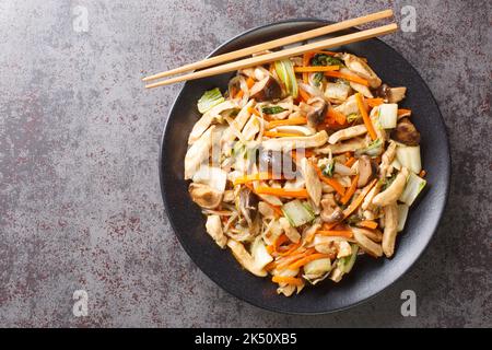 Chop Suey ist ein schnelles chinesisch-amerikanisches Rührbraten mit Huhn und gemischtem Gemüse in einer dicken braunen Sauce in Nahaufnahme auf einem Teller auf dem Tisch. Horizontale t Stockfoto