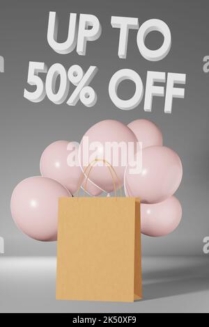 50 Prozent Sale Banner Blank Papier Einkaufstasche Branding mockup rosa Ballons auf grauem Hintergrund 3D Rendering. Kraft Shopper template.Shop-Rabatt pro Stockfoto