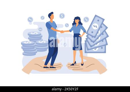 Finanzen. Finanzintermediäre. Männer stehen auf zwei Handflächen und schütteln die Hände, hinter ihnen sind Dollarscheine und Münzen. Flat Vector Illustration Stock Vektor