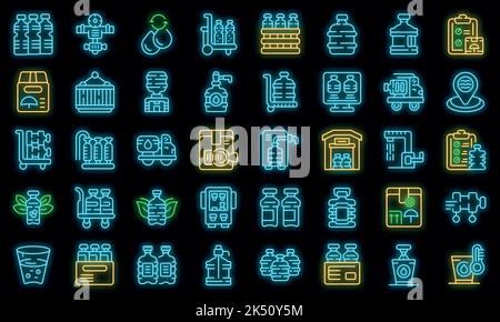 Symbole für die Wasserabgabe legen den Umrissvektor fest. Kühlere Gallone. Vektor der Flaschenlieferung Neon Stock Vektor