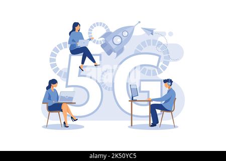 Vektor-Illustration von 5G Internet. Ein Mann mit einem Laptop am Tisch, ein anderer mit einer Aktentasche läuft neben der Rakete, Frauen sitzen auf einer 5 Stock Vektor