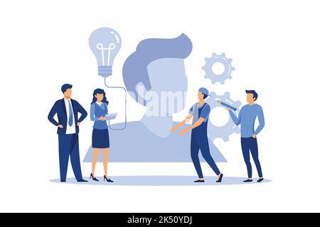 Kleine Menschen starten einen Mechanismus, um Ideen zu erreichen, eine Glühbirne scheint eine Idee, ein Symbol für Kreativität, kreative Ideen, Geist, Denken Stock Vektor