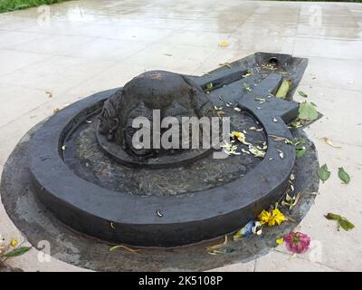 Eine Shiva Linga, die mit einem schwarzen Stein auf einer Ebenen Oberfläche mit einer Umgebung aus Fliesen hergestellt wurde Stockfoto