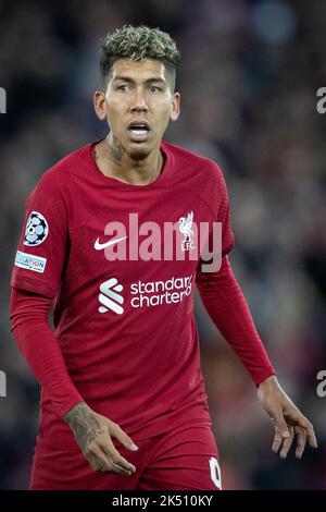 Roberto Firmino #9 von Liverpool während des UEFA Champions League-Spiels Liverpool gegen Rangers in Anfield, Liverpool, Großbritannien. 4. Oktober 2022. (Foto von James Heaton/News Images) Credit: News Images LTD/Alamy Live News Stockfoto