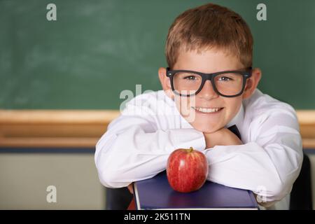 Erstklassig. Ein fröhlicher Schuljunge, der eine Brille trägt und sich auf einen Bücherhaufen stützt und die Kamera anlächelt. Stockfoto