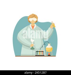 Vektordarstellung eines Chemikers in einer weißen Schicht mit Reagenzgläsern und Kolben. Beruf. Flacher Style Stock Vektor