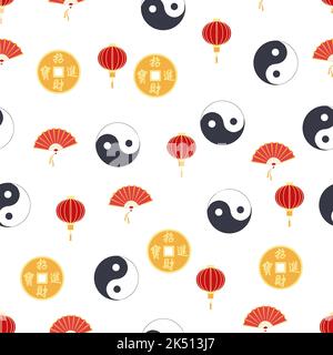 Chinesisches nahtloses Muster mit feng Shui chinesische Münze mit Loch, Yin-Yang, Fächer, Papierlaterne. Stock Vektor