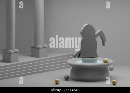 Schöne abstrakte Illustrationen Halloween Grim Reaper Symbol-Symbol auf einem Brunnen und Säule Hintergrund. 3D Rendering Illustration.Halloween Tag. Stockfoto