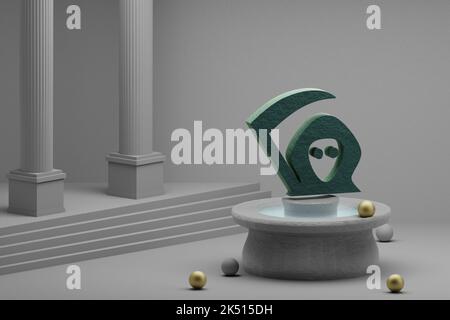 Schöne abstrakte Illustrationen Grüne Halloween Sensenmann Symbol-Symbol auf einem Brunnen und Säule Hintergrund. 3D Rendering Illustration.Halloween Tag. Stockfoto