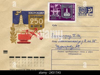 UdSSR - um 1970: Ein USSR Post First Day Cover Postumschlag mit Briefmarken. 250 Jahre Werk in Izhora. Stockfoto