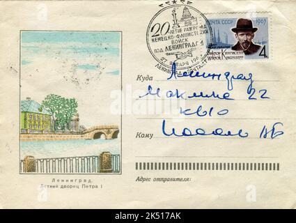 UdSSR - um 1970: Ein USSR Post First Day Cover Postumschlag mit Briefmarken. 20 Jahre Niederlage der Nazi-Truppen bei Leningrad. Stockfoto