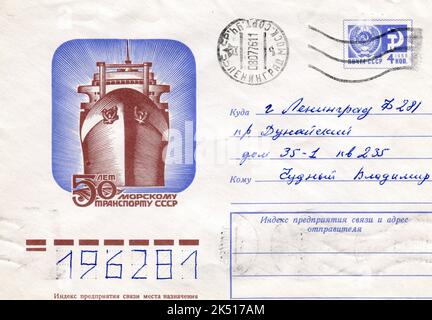 UdSSR - um 1970: Ein USSR Post First Day Cover Postumschlag mit Briefmarken. 50 Jahre Seeverkehr der UdSSR. Stockfoto