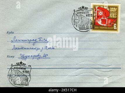 UdSSR - um 1971: Ein USSR Post First Day Cover Postumschlag mit Briefmarken. 24. Kongress der Kommunistischen Partei der Sowjetunion. Stockfoto