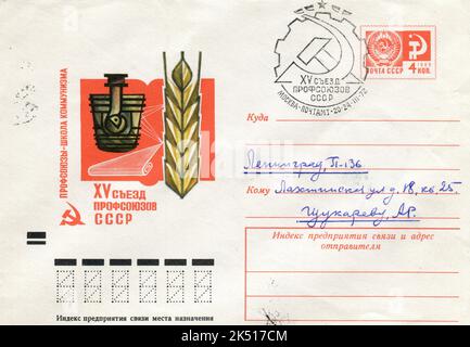 UdSSR - um 1972: Ein USSR Post First Day Cover Postumschlag mit Briefmarken. 15. Kongress der Gewerkschaften der UdSSR. Stockfoto