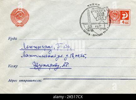 UdSSR - um 1971: Ein USSR Post First Day Cover Postumschlag mit Briefmarken. 600 Jahre der Stadt Kaluga. Stockfoto