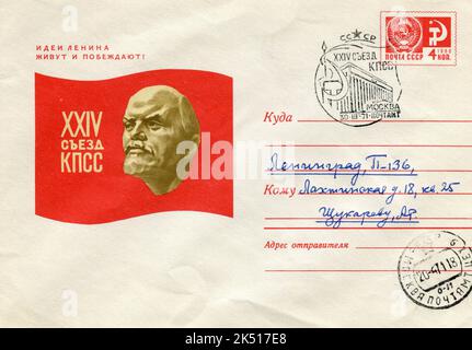 UdSSR - um 1971: Ein USSR Post First Day Cover Postumschlag mit Briefmarken. 24. Kongress der Kommunistischen Partei der Sowjetunion. Stockfoto