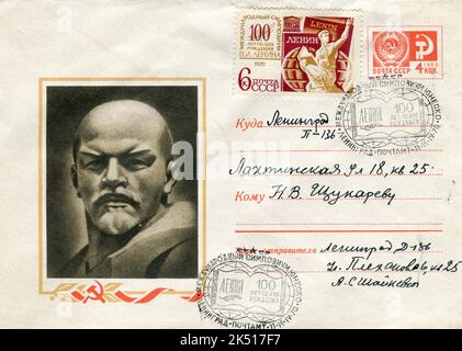 UdSSR - um 1970: Ein USSR Post First Day Cover Postumschlag mit Briefmarken. 100 Jahre seit der Geburt von W. I. Lenin. Stockfoto