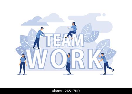 Geschäftsleute zusammen bauen Wort Teamarbeit, abstrakte Design-Grafik, Bau-Business-Projekt flache Vektor-Illustration Stock Vektor