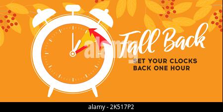 Fall zurück, ändern Sie die Uhr eine Stunde zurück, Sommerzeit endet Web-Erinnerungsbanner. Uhren mit Pfeilhand drehen sich eine Stunde zurück. Minimalistischer Stil Stock Vektor