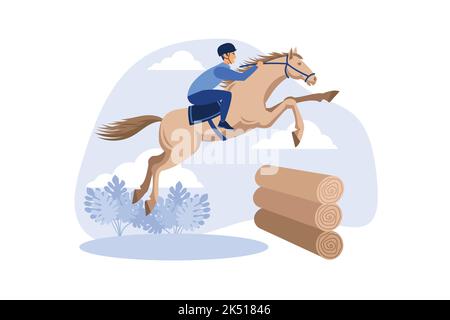 Reiten-Eventing. Abbildung eines Pferdes mit einem Reiter, der aus den Holzhütten über die Barriere springt. Ein Reiter auf einem Pferd springt über ein Oben Stock Vektor