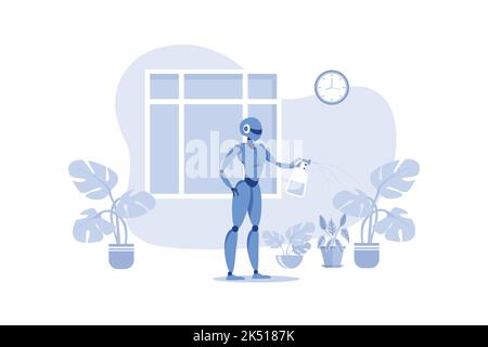 Home Roboter helfen im Alltag. Robotische Bewässerung, Spraying und Pflege von Pflanzen im Haus. Künstliche Intelligenz hilft, Haus zu halten. Großes Fenster mit Stock Vektor