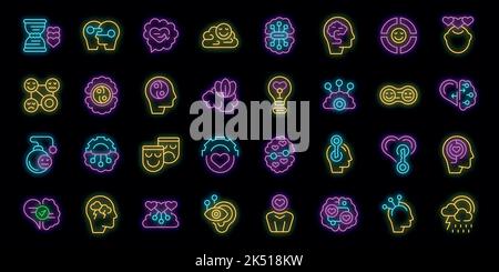 Symbole für emotionale Intelligenz legen einen Umrissvektor fest. Kontrollendes Gefühl. Arbeiten inneren Vektor Neon Stock Vektor