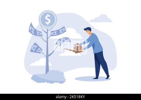 Ein Geschäftsmann wäßt einen Geldbaum flache Vektor moderne Illustration Stock Vektor