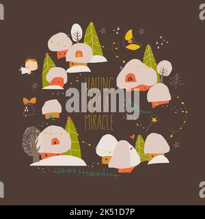 Süße kleine Häuser in einer verschneiten Weihnachtslandschaft bei Nacht Stock Vektor