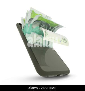 3D-Rendering kolumbianischer Peso-Notizen in einem Mobiltelefon. Geld kommt aus dem Handy Stockfoto