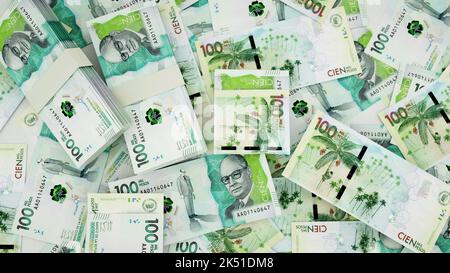 Nahaufnahme der kolumbianischen Peso-Noten auf dem Tisch. 3D-Darstellung von Geld, das auf der Oberfläche verstreut ist Stockfoto