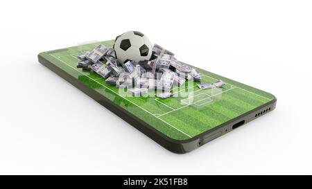 3D-Darstellung von Fußball-Wetten auf Mobiltelefonen. Fußball- und äthiopische Birr-Notizen auf dem Telefonbildschirm. Fußballfeld auf dem Smartphone-Bildschirm Stockfoto