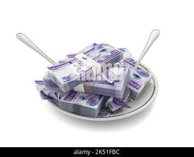 3D-Rendering äthiopischer Birrnoten auf Platte. Geld wurde für das Konzept des Essens ausgegeben. Essenskosten, teure Mahlzeiten, Ausgabengeld-Konzept. Geld essen Stockfoto