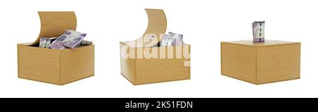 Äthiopische Birr-Noten in einer offenen Sparbox aus Holz. Satz von Einsparungskonzepten. Generische Piggy Bank, Penny Bank, Money Box. 3D-Rendering Stockfoto