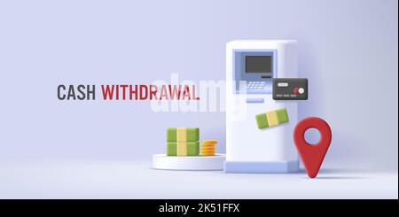3D Abbildung eines geldautomaten mit Gelddollar-Banknoten und -Münzen, Kreditkarten- und Geo-Tag-Symbolen, Darstellung rendern Stock Vektor