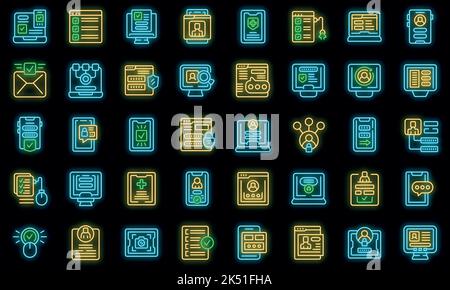 Symbole für die Online-Registrierung legen den Umrissvektor fest. Gerät anwenden. Elektronische Form Vektor Neon Stock Vektor
