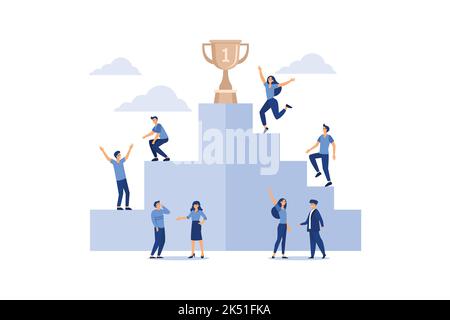 Geschäftsleute klettern die Leiter zum Ziel in Form einer goldenen Tasse, Wettbewerb, Karriereplanung, Karriereentwicklungskonzept, Teamwork flat Vektor i Stock Vektor