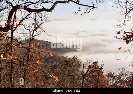 Wolken ziehen zwischen felsigen Klippen in der Triester Landschaft Stockfoto