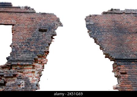 Alte rote Backsteinmauer isoliert auf weißem Hintergrund. Hochwertige Fotos Stockfoto