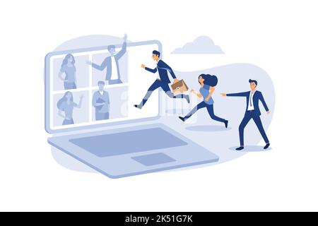 Hybrides Arbeiten, virtuell von zu Hause aus oder im Büro vor Ort arbeiten, flexibles Konzept für den Mitarbeitervorteil, Unternehmer und seine Kollegen virtuell Stock Vektor