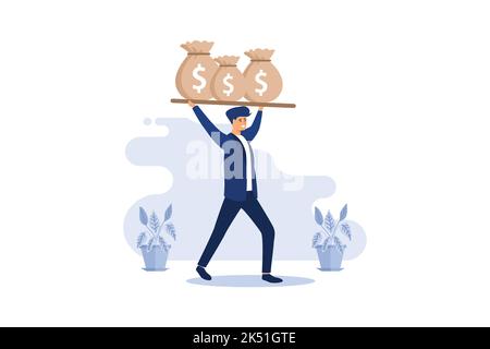 Nutzen Sie finanzielles Wachstum, Geldbeutel, Goldmünze, fröhlichen Geschäftsmann mit Säcken Geld. vektor-Illustration Stock Vektor