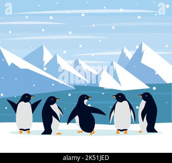 Schönes Panorama mit natürlichem arktischen Gletscher und Gruppenpinguin. Panoramalandschaft der Nordsee oder arktischen Ozean Schnee Berge. Gefrorene Natur Stock Vektor