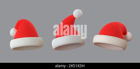 Set realistische 3D weihnachtsmann Hut. Frohe Weihnachten und Frohes neues Jahr. Vektorgrafik Stock Vektor