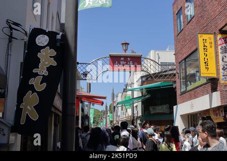 Viele Touristen besuchen die berühmte Komachi Street in der historischen Stadt Kamakura, JAPAN. Stockfoto