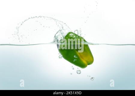 Grüner Pfeffer, der in Wasser spritzt. Seitenansicht auf weißem Hintergrund. Stockfoto