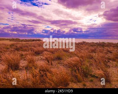 Eine szenische Wolkenlandschaft über dem Feld während des Sonnenuntergangs für Hintergründe Stockfoto