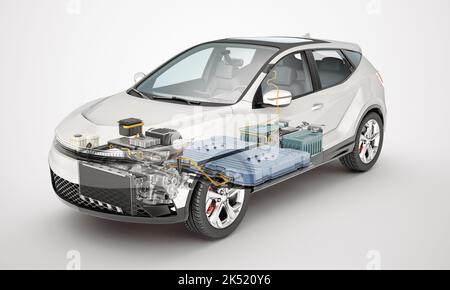 Elektrische generische Auto technische Cutaway 3D Rendering mit allen wichtigsten Details der EV-System in Ghost-Effekt. Perspektivische Ansicht auf weißem Hintergrund. Stockfoto