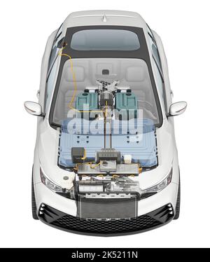 Elektrische generische Auto technische Cutaway 3D Rendering mit allen wichtigsten Details der EV-System in Ghost-Effekt. Vorderansicht aus der Vogelperspektive auf weißem Hintergrund: Stockfoto